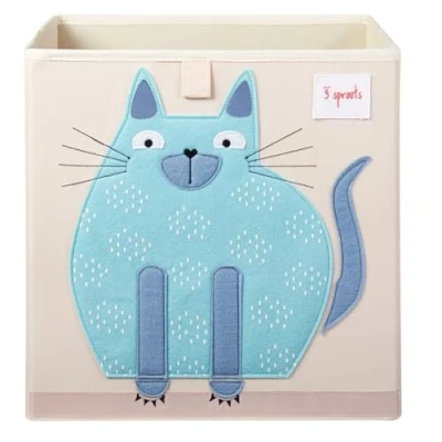 Image of 3 Sprouts Toy Storage Cube 13 inch Kids Box Collapsible Fabric Organiser Bin for Nursery, Children’s Room, Playroom, Cat