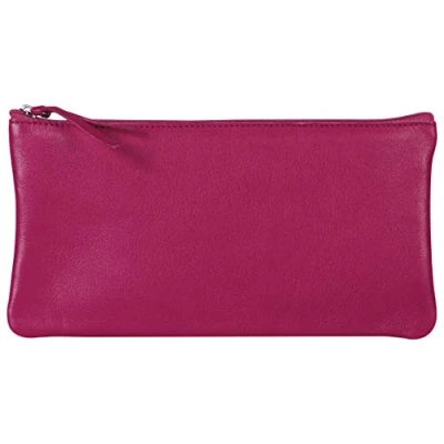 Image of Clairefontaine Ref 410168C Coloured Leather Flat Pencil Case 22 x 11cm, Made From Genuine Lambskin Leather, Metal Zip With Puller Raspberry