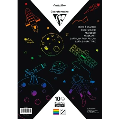 Image of Clairefontaine 354588C Bag of 10 Scratch Sheets in Cardboard Paper 300g + 5 Wooden Sticks A4 Size (21x29.7cm) Rainbow Pattern Drawing, Writing, Crafts For Children and Adults