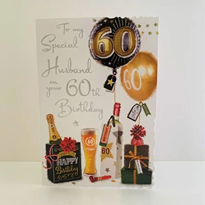 Image of Jonny Javelin Special Husband 60th Age 60 Birthday With Love Card Balloons Presents Beer Glass