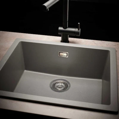 Image of Reginox Amsterdam 40 GS Single Bowl Integrated Regi Granite Metal Kitchen Sink, Heavy Duty Inset and Undermount Sinks with Overflow Drain, Waste Kit, Clips Seals, Grey Silvery