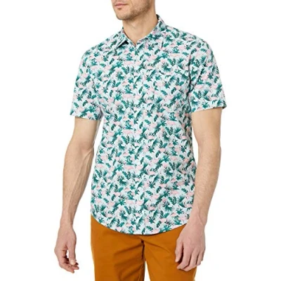 Image of Amazon Essentials Men&#039;s Slim Fit Short Sleeved Button Down Printed Shirt, Blue Flamingo, S