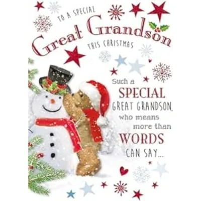 Image of Regal Publishing Character Christmas Card, Great Grandson, Bear &amp; Snowman 9 x 6 inches Piccadilly Greetings