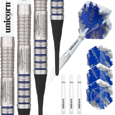 Image of Unicorn Soft Tip Darts Set Gary &#039;The Flying Scotsman&#039; Anderson Silver Star 80% Natural Tungsten Barrels with Blue Accents 17g