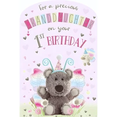 Image of Granddaughter 1st Birthday Card Age 1 Precious Special Finishes Barley Bear Teddy Butterfly Design Illustrated Insert Leaf Made in the UK