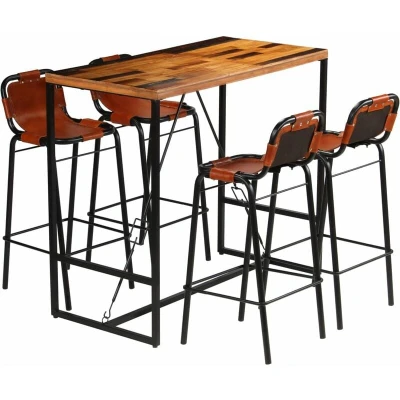Image of vidaXL Bar Set 5 Pieces Solid Reclaimed Wood and Genuine Goat Leather