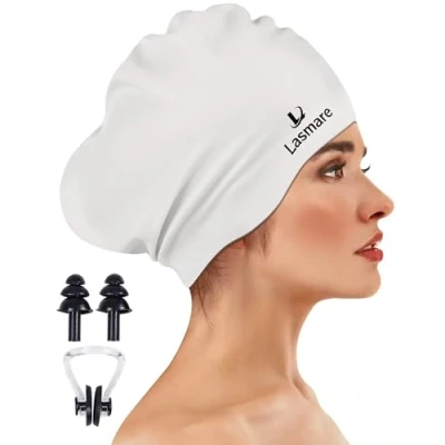 Image of Large Long Hair Swimming Cap with Extra Room for Women Men, Silicone Hat Thick Ear Plugs Nose Clip Set, Adult Waterproof Swim Bathing Caps to Keep Dry(White)