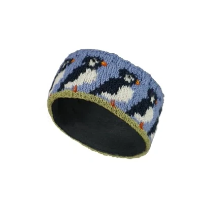 Image of Pachamama Women Wool Ear Warmer Headband Fleece Lined Handknitted Puffin Multicoloured One Size Handmade Fair Trade