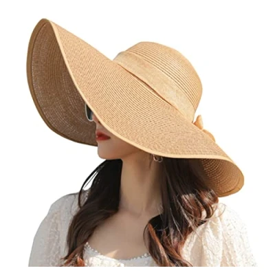 Image of Bamboopack Women Wide Brim Sun Protection Straw Hat Summer Foldable Floppy Beach Cap with Bow UPF 50+(Khaki)