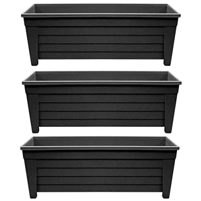 Image of Optimal Products Long Trough 55cm Plant Pot Plastic Planter Indoor Home Outdoor Garden Window Herb Flower Box (3 Trough, Ebony/Black)