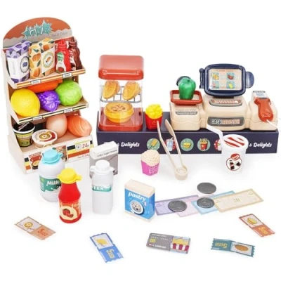 Image of COO11 Kids 42 Pcs Cash Register Toy Set Includes Scanner, Storage Box, Rack &amp; Dummy Food Pretend Play Supermarket Playset with Light Sound Grocery Store Kit Toys Gift Age 3+