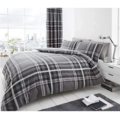Image of GC GAVENO CAVAILIA Premium Striped Duvet Cover King Size, Easy Care Tartan Check Bedding &amp; Linen, 3Pcs Washable Bed Covers, Grey