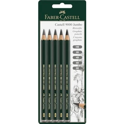 Image of Faber Castell 5 Piece Quality 9000 Jumbo Graphite Pencils Blister Card Set, Including HB, 2B, 4B, 6B and 8B