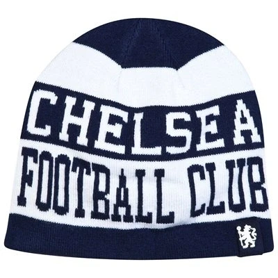 Image of Official CHELSEA FC navy and white hoop design beanie cap hat
