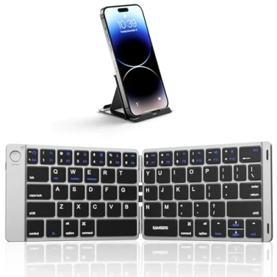 Image of Samsers Foldable Bluetooth Keyboard Portable Wireless with Stand Holder, Rechargeable Full Size Ultra Slim Folding Compatible IOS Android Windows Smartphone Tablet &amp; Laptop Silver