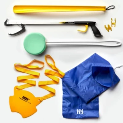 Image of Helping Hand Company 5 Piece Essential Hip Kit for Post Surgery. Knee and Replacement Recovery Kit. 26&quot; Classic Grabber, Foxy Sock Aid, Shoe Horn, Long Handled Sponge Shower, Carry Bag