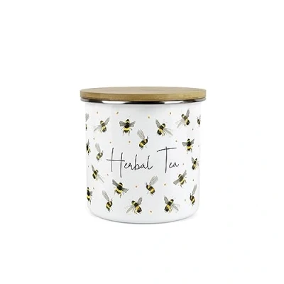 Image of Purely Home Scattered Bees Herbal Tea Canister White Metal Enamel Kitchen Medium Sized Food Storage Container