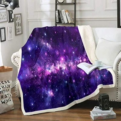 Image of Loussiesd Galaxy Fleece Blanket Outer Space Themed Purple Starry Sky Sherpa for Couch Travel Sofa Microfiber Dreamy Glitter Plush Throw 50&quot;x60&quot;