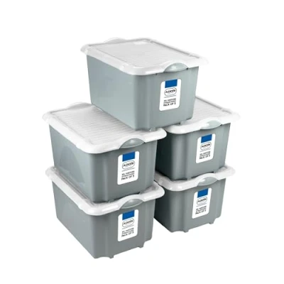 Image of Addis 30 litre Eco Grey Plastic Unistore Storage Boxes Made in the UK from Recycled plastic, with clip lock lid and base, Pack of 5, tough reliable stackable nestable, Clear