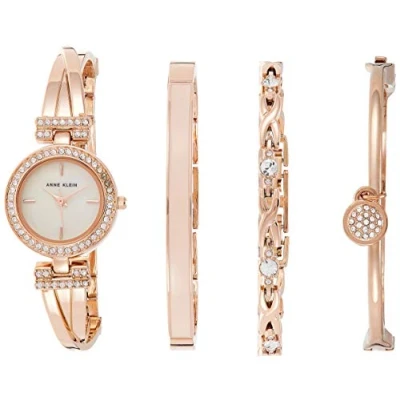 Image of ANNE KLEIN Women&#039;s AK/2238RGST Crystal Accented Rose Gold Tone Bangle Watch and Bracelet Set