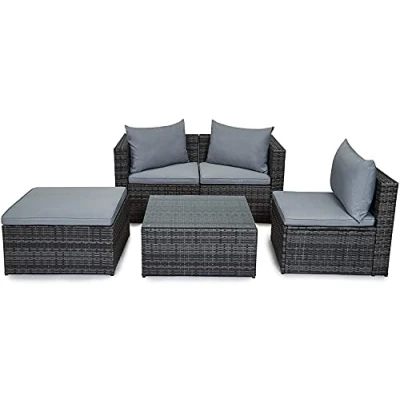 Image of EVRE Malaga Grey Rattan Garden Outdoor Furniture Wicker Set 4 Seat Corner Sofa Couch Footstool Glass Top Table with Cushions for Patios Conservatories Gardens