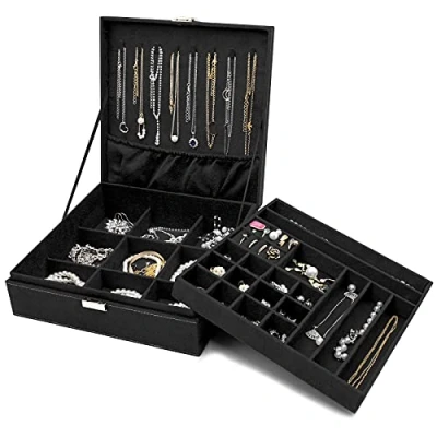 Image of ProCase Jewellery Box Organiser, 2 Tiers Large Boxes Storage Cases for Earrings, Bracelets, Rings, Necklaces Black