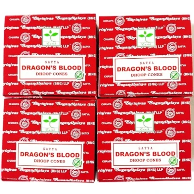 Image of Satya Nag Champa Incense Cones, Dragons Blood Scent, 4 Packs of 12 Cones in each pack (4, Blood)