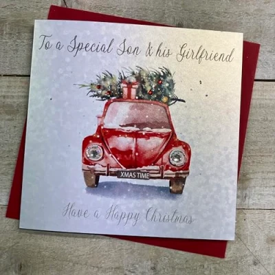 Image of WHITE COTTON CARDS SON &amp; HIS GIRLFRIEND CAR CARRYING CHRISTMAS TREE CARD, HAND FINISHED (C23 90)