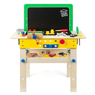 Image of Playhouse Wooden Toy Tool Set Work Bench, Kids Pretend Play Bench Workshop for Children, 2+