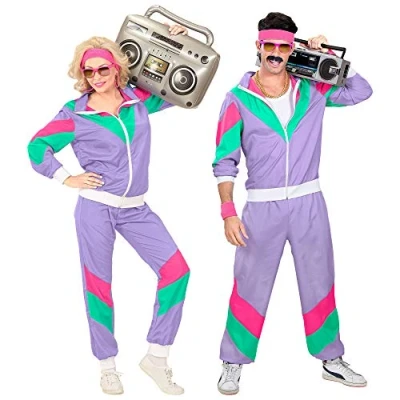 Image of WIDMANN 98795 Unisex Men’s/Women’s 80s Track Suit. Purple, Pink and Green. Retro Party, Halloween Carnival