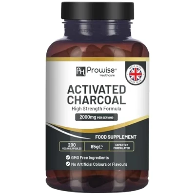 Image of Activated Charcoal Capsules 200 High Strength Vegan 1200mg per serving Made from Natural Coconut shells to Reduce Flatulence, Bloating &amp; Indigestion I in the UK by Prowise Healthcare