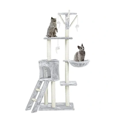 Image of Cat Tree Multi Level Stable Climbing Tower With Ladder, Scratch Post, Activity Trees, Furniture Play House for Kitty Kitten, Indoor Pet (Light Grey 49 * 35 138cm)
