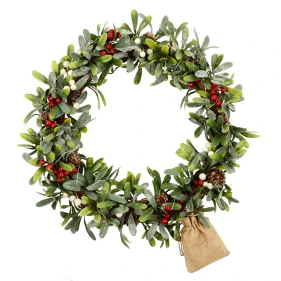Image of 16&quot; Pre Lit Christmas Wreath Mistletoe Berries Green Leaves Battery Operated LEDs