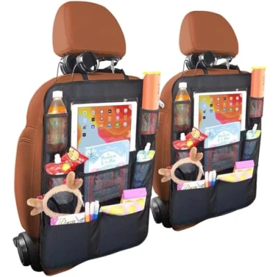 Image of BackSeat Car Organizer,2 Pack Kick Mats Back Seat Protector with Touch Screen Tablet Holder, Organizer for Kids, Travel Accessories, Mat 8 Storage Pockets