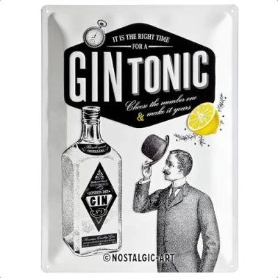 Image of Nostalgic Art Retro Tin Sign Open Bar Gin Tonic Gift idea for cocktail fans, Metal Plaque, Vintage design wall decoration, 30 x 40 cm