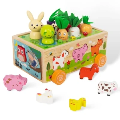 Image of WOODENFUN Wooden Montessori Toy Sorting Game Puzzle Carrots Peg Animals Learning Motor Skills Gift Stacking 3 Years +