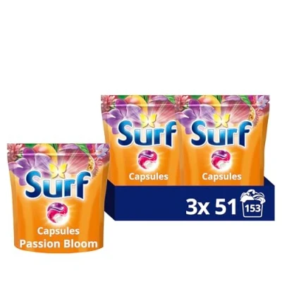 Image of Surf 3 in 1 Passion Bloom Laundry Washing Detergent Capsules joy infused fragrance with natural essential oil lasting up to 12 hours wear for brilliantly clean results 153 washes (3x 51)