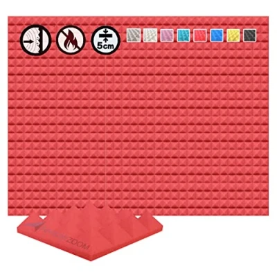 Image of Arrowzoom 48 Acoustic Panels Pyramid Sound Absorbing Treatment Tiles 25x25x5cm Recording Studio Noise Cancellation 26kg/m3 High Density Acoustical Dampening Fire Retardant 1034 RED