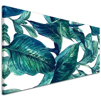 Image of Wallfillers Teal Blue Green Tropical Exotic Leaves Canvas Wall Art Print Modern 1325 118x49cm