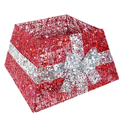 Image of Christmas Concepts® 10.5&quot; Luxury Tree Base Skirt With Ribbon and LED Lights Decorations (Red/Silver)