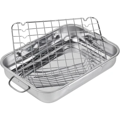 Image of Space Home Roasting Tray with Rack Stainless Steel Removable Deep Tin Folding Handles Rust Free, Non Toxic Baking Pan for Perfect 30 cm