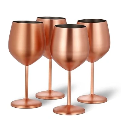 Image of Oak &amp; Steel 4 Elegant Large Wine Glasses in Copper Rose Gold, 540ml Unbreakable Glass Gift Set for Home Bar, Wedding, Anniversary, Birthday Party