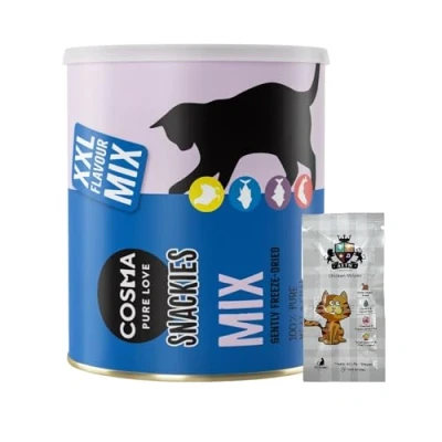 Image of AETN Creations Cosma Pure Love Snackies Maxi Box (160g) Freeze Dried Cat Treats in Chicken, Tuna, White Fish and Salmon Grain free for Adult Cats with Treat