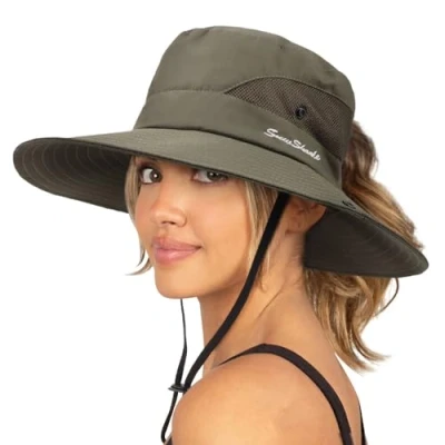 Image of DRESHOW Women Sun Hat Outdoor UV Protection Foldable Mesh Wide Brim Fishing Ponytail Beach Bucket Hats
