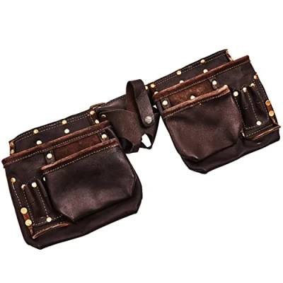 Image of 12x Pockets PREMIUM Heavy Duty Professional GENUINE Leather Tool Belt Pouch Builders Construction Split Apron Work Bag Nail Holder DIY UK FREE P&amp;P