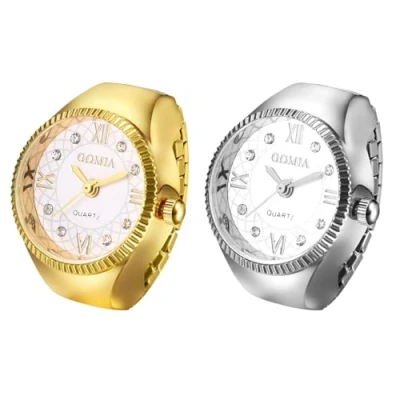 Image of JewelryWe Unisex Finger Ring Watch: Men Women Gold Silver Elastic Stretchable Band Roman Numerals Round Dial Stainless Steel Quartz Watches