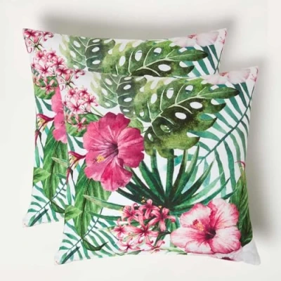 Image of HOMESCAPES Set of 2 Outdoor Cushions Waterproof, Tropical Green &amp; Pink Filled Garden Cushion, Hypoallergenic Polyester, Decorative Pillows for Indoor Patio, Benches Sofa 45x45cm