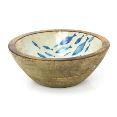 Image of Carousel Home Nautical Wooden Enamel Bowl Sealife Enamelled Snack Dish Ocean Design Wood Picnic Nibbles 17cm One Supplied
