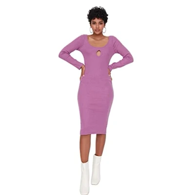 Image of Trendyol Women&#039;s Woman Bodycon Bodycone Scoop Neck Knit Dress, Purple, S UK