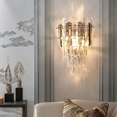 Image of Modern Crystal Wall Lamp, E14 Sconce Light, for Bedroom Living Room Kitchen Hallway Stairs Restaurant Hotel Lighting (Smoky Gray)